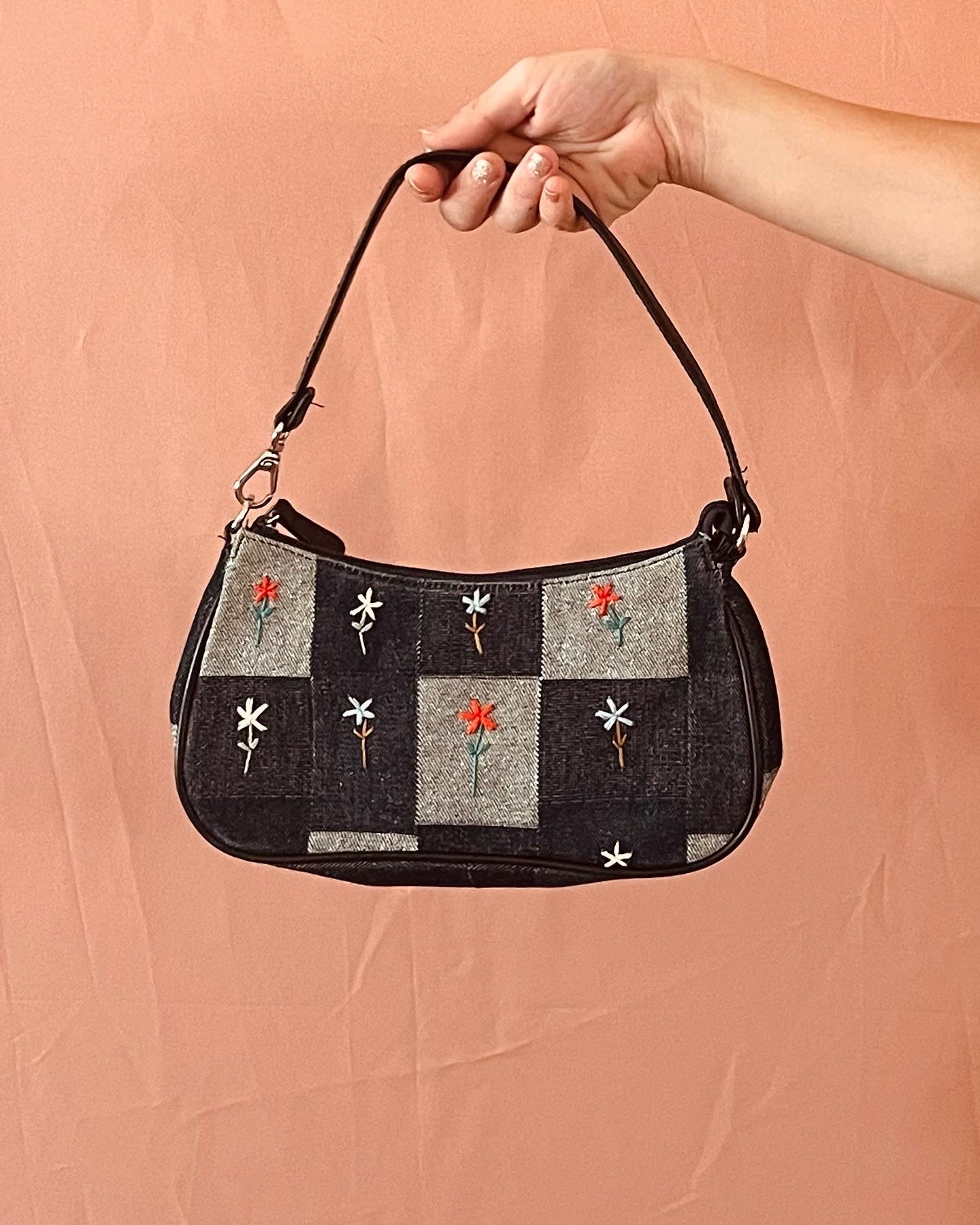 Denim Checkered Shoulder Bag